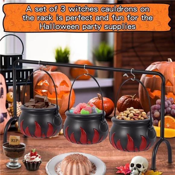 Cauldron Halloween Decor, 3 Witches Cauldron with Black Decor Iron Rack - Picture 4 of 7